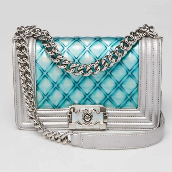 Chanel Silver/Blue Quilted PVC and Iridescent Calfskin Leather Small Boy Bag - Picture 1 of 9